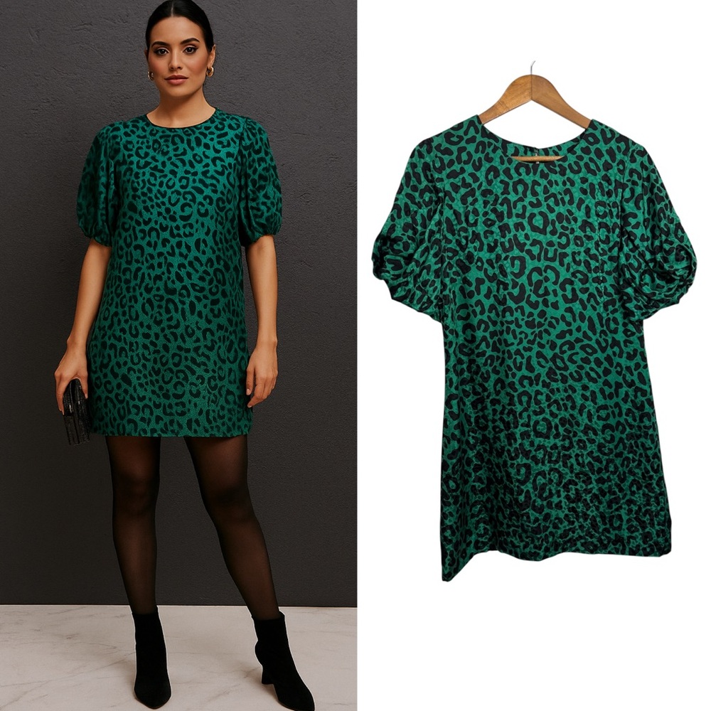 MILLY Melinda Short-Sleeve Leopard-Print Silk Shift Dress | Emerald Green Mini 6